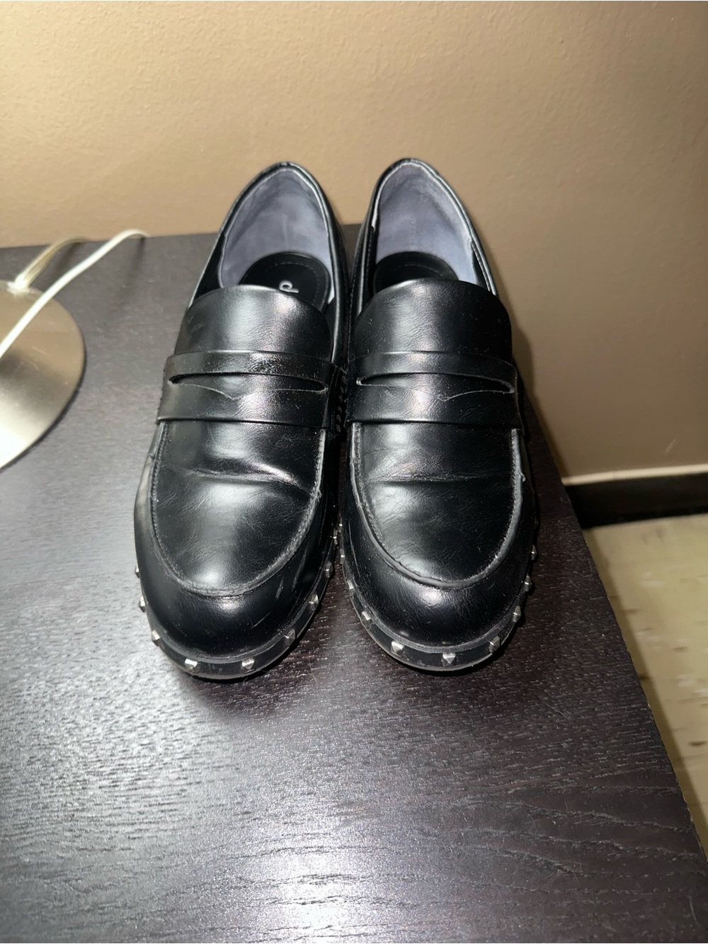 Women’s Black Leather Penny Loafers with Studded Sole
